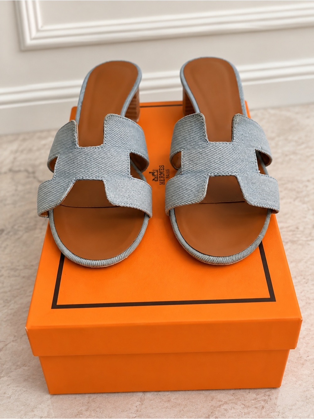 Hermes Denim H-Plate Mule Sandals in Light Blue